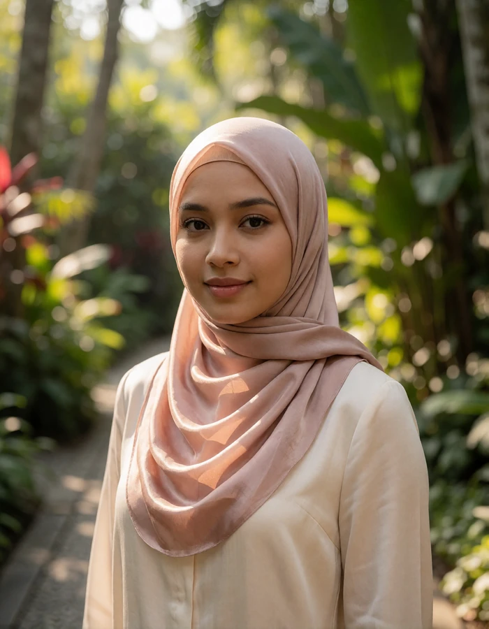 Singaporean woman in a blush hijab and cream blouse smiling in a sunlit garden walkway, featured profile photo