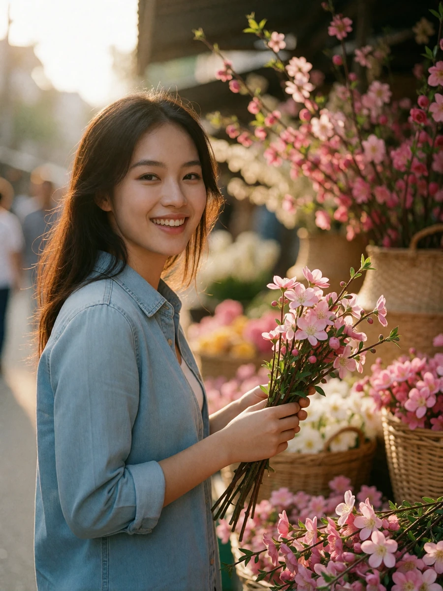 Young Vietnamese woman in a chambray shirt beside a flower stall, featured Vietnamese singles online profile photo