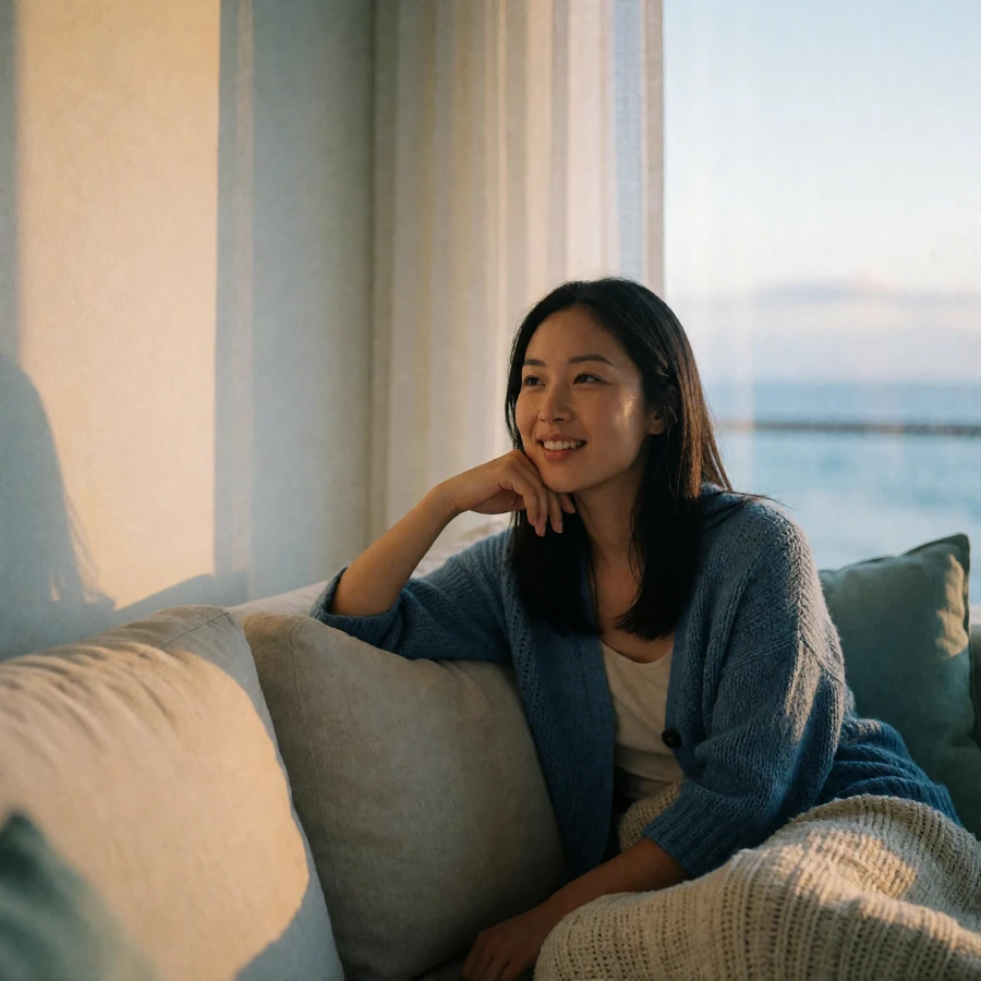 Asian woman smiling during a video call on a sofa near a sunlit window, an early stage of an online dating success story