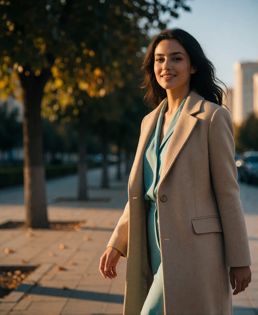 Uzbek woman in a beige coat walking a tree-lined city boulevard at sunset, featured Uzbek singles online profile photo