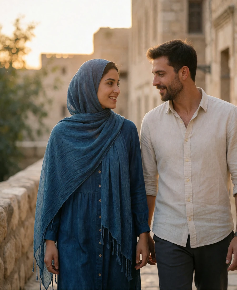 Yemeni woman in a softly draped indigo scarf walking beside a Western man along a warm stone lane, exchanging a modest smile