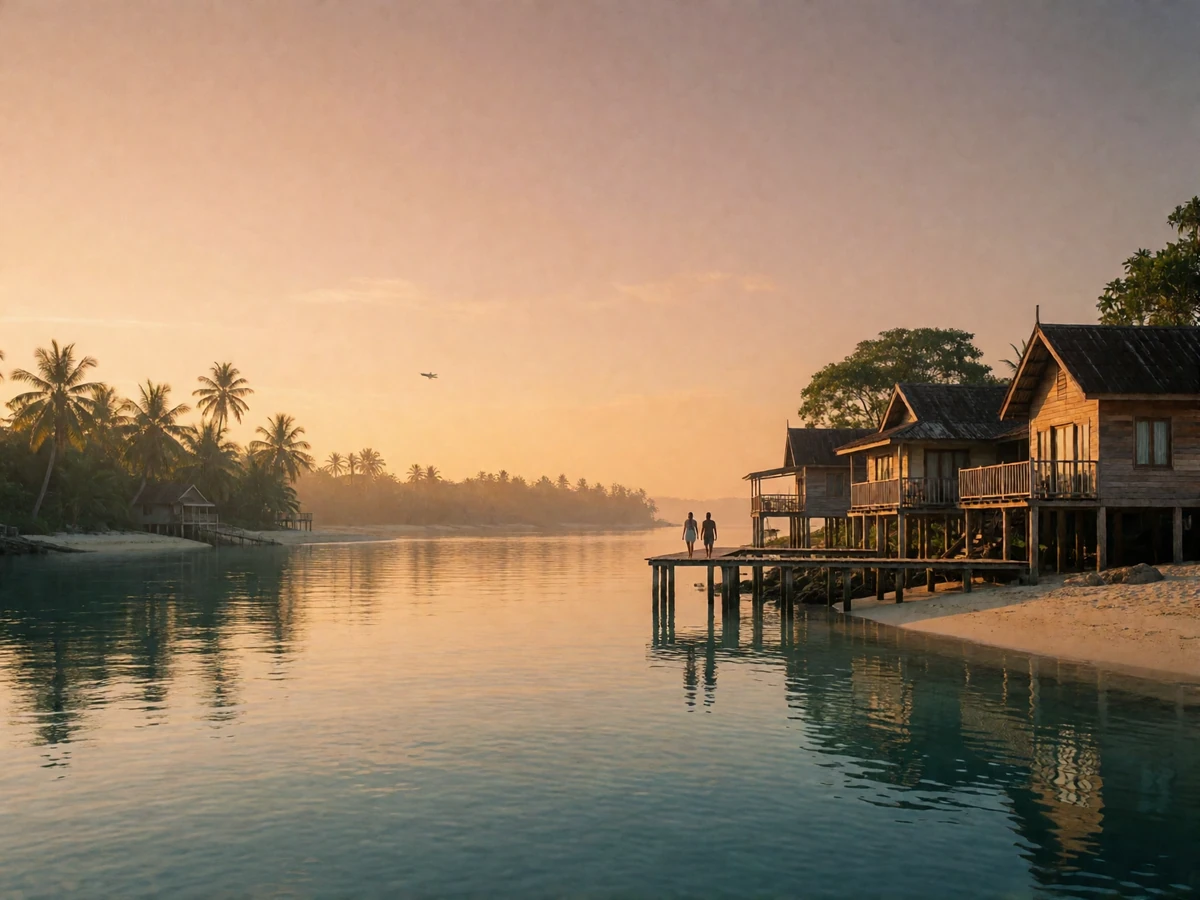 Scenic view of Brunei's tropical riverfront with traditional stilt houses reflected in calm water at golden hour