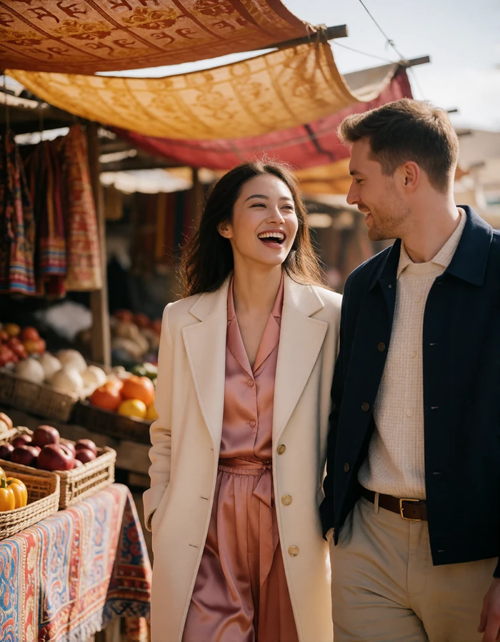 Mongolian woman in a cream coat walking beside a Western man through a sunlit open-air market