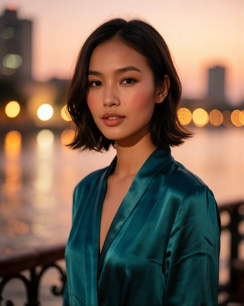 Cambodian woman in a deep-teal silk blouse on a riverfront terrace at dusk, featured Cambodian brides profile photo