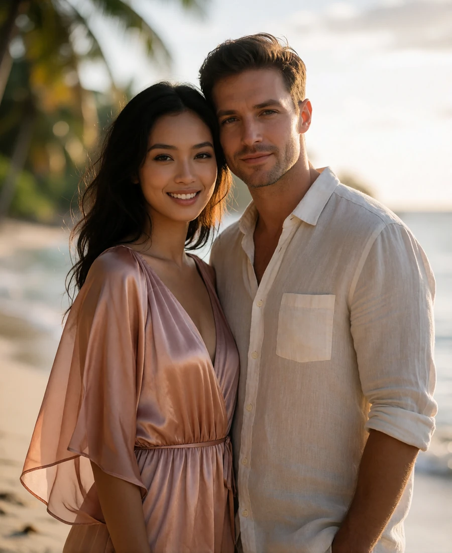 Indonesian woman in a flowing rose dress standing beside a Western man on a quiet tropical shoreline at golden hour