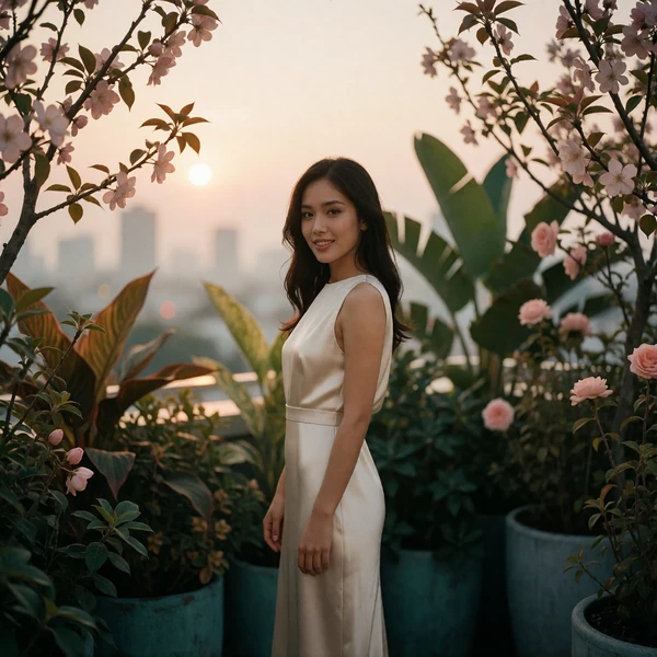 Thai woman in an ivory dress on a rooftop lounge at dusk, representing Thai dating profiles