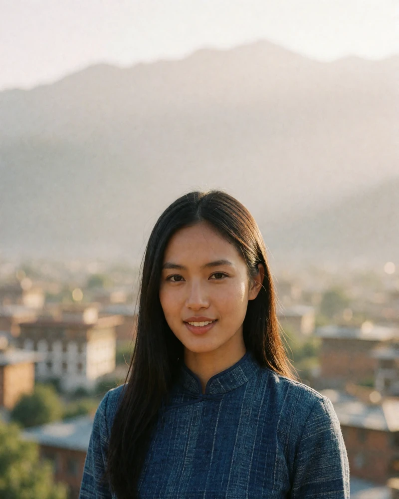 Young Bhutanese woman with long dark hair in a modern indigo woven top smiling outdoors against a blurred pale mountain-town backdrop