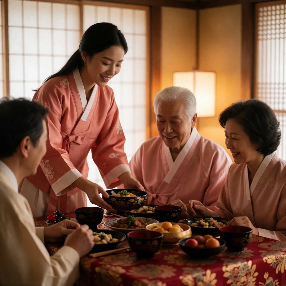 Multigenerational Korean family sharing a holiday meal, a young woman in a coral silk jacket serving an elder while relatives smile together