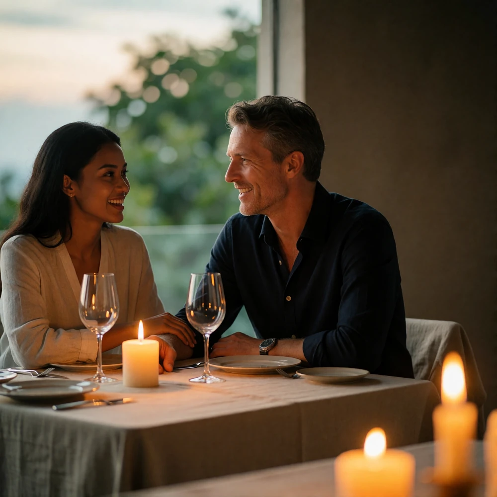 Bruneian woman and Western man sharing dinner at a candlelit terrace table