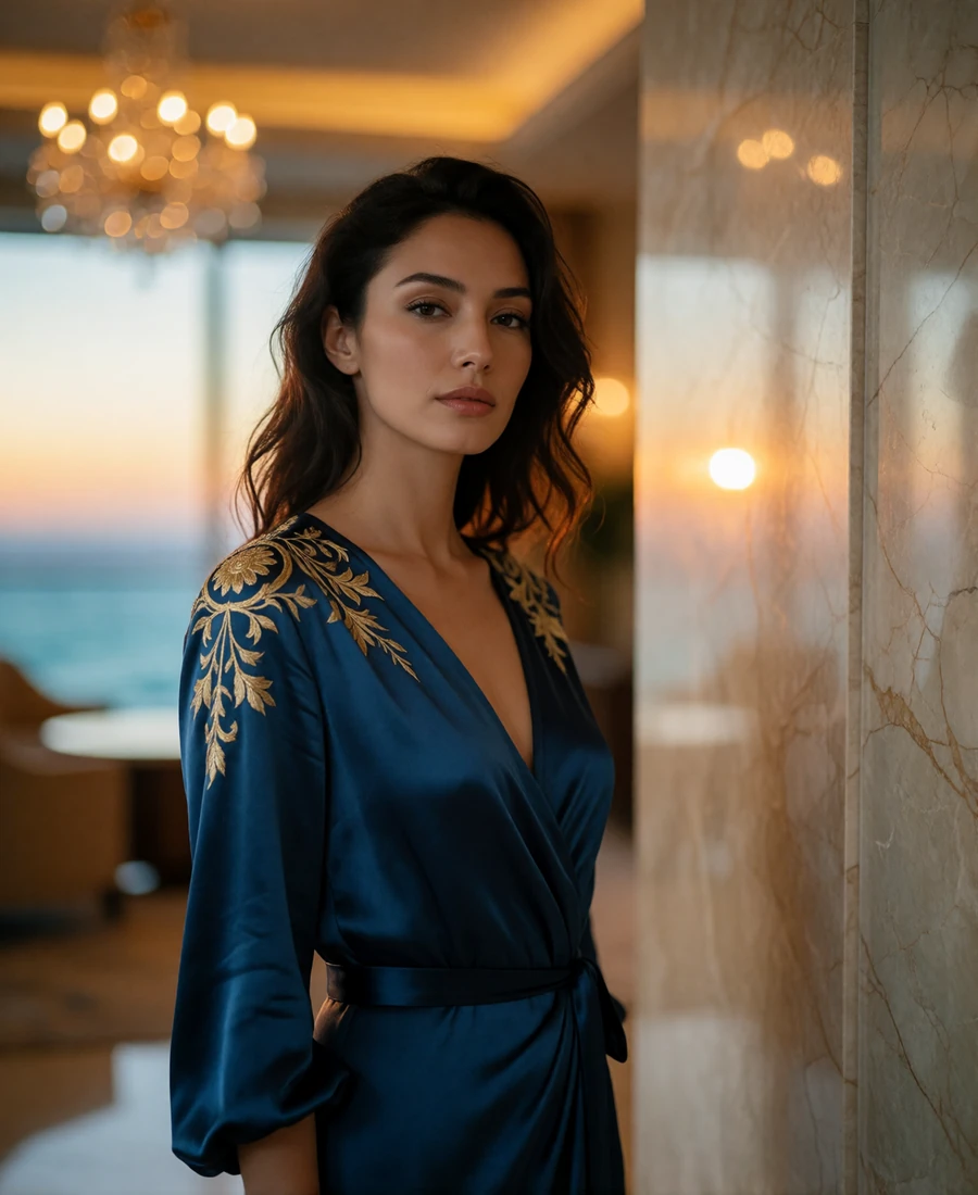 Elegant Kazakh woman in a deep blue satin dress with gold embroidery standing in a hotel foyer in the evening