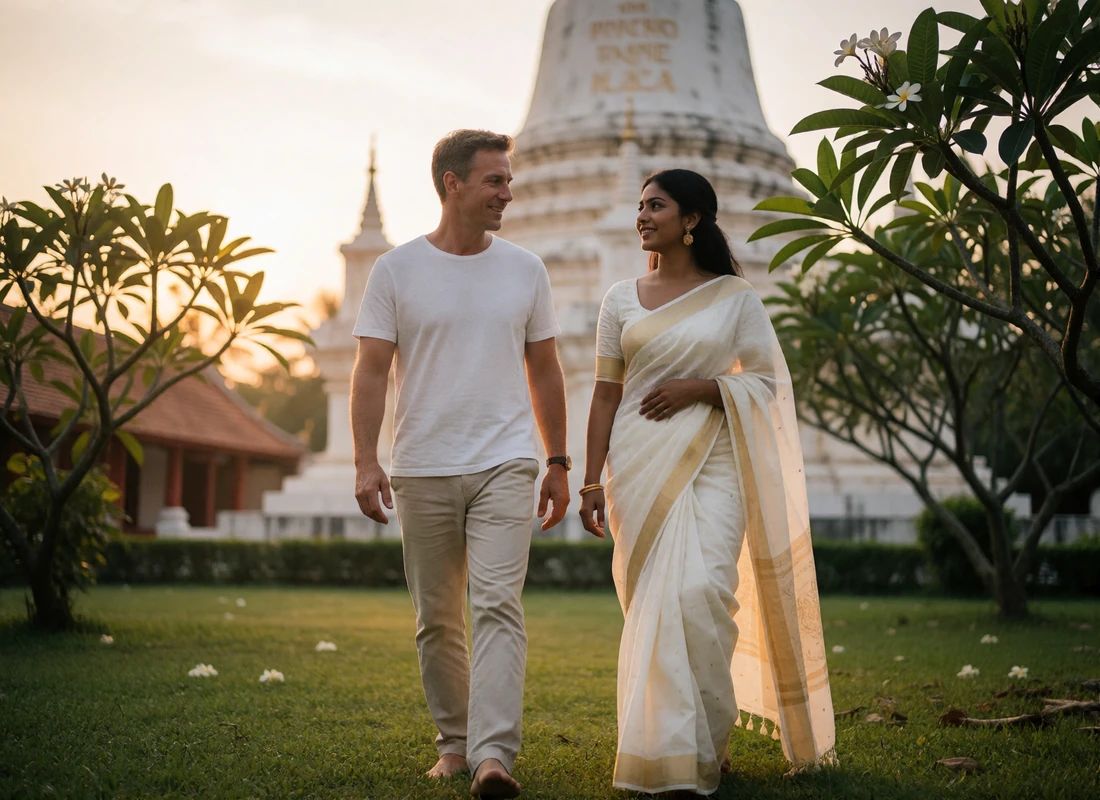 Sri Lankan woman in a white and gold saree and a Western man walking together through a peaceful temple garden