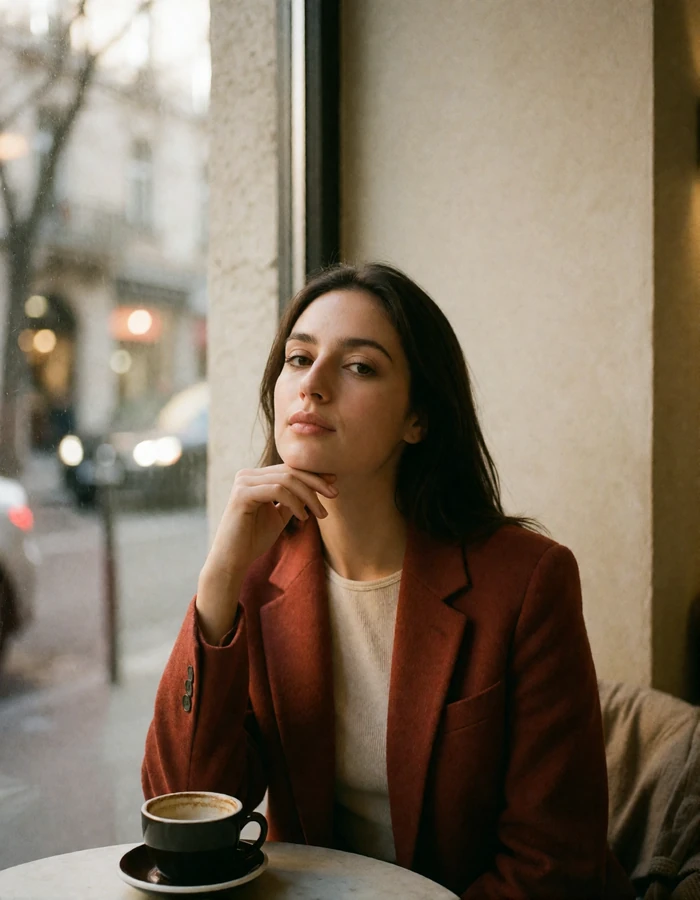Armenian woman in a rust-colored blazer sitting by a café window with warm confident gaze, profile photo