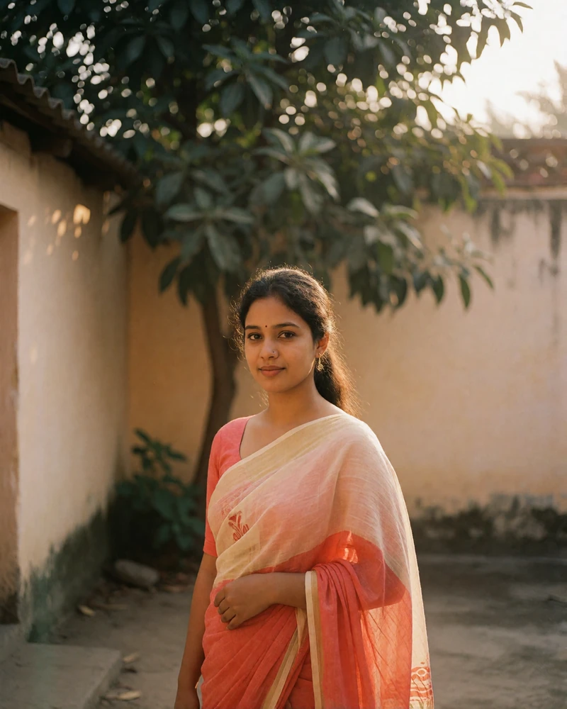 Bangladeshi woman in a coral and cream saree smiling warmly in a sunlit courtyard, a featured profile photo