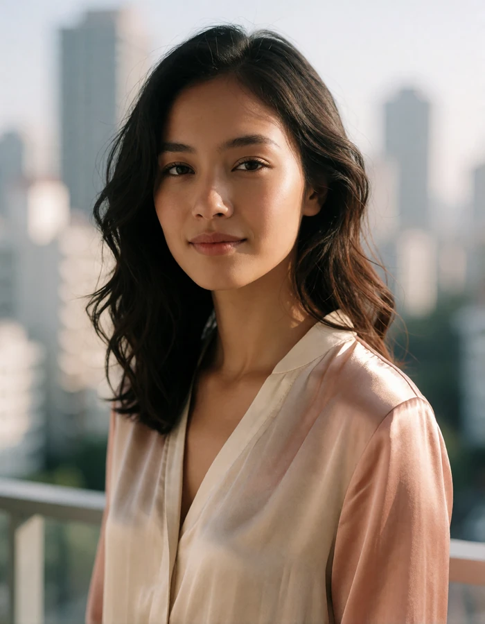 Smiling Indonesian woman in a cream blouse on a sunlit balcony with a blurred city skyline behind her, featured Indonesian dating profile photo
