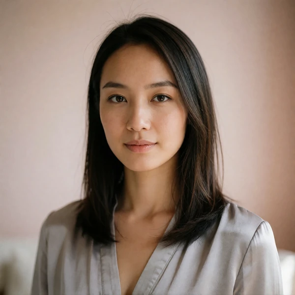 Singaporean woman with straight dark hair in a soft grey blouse, a verified member profile photo used in the identity verification illustration