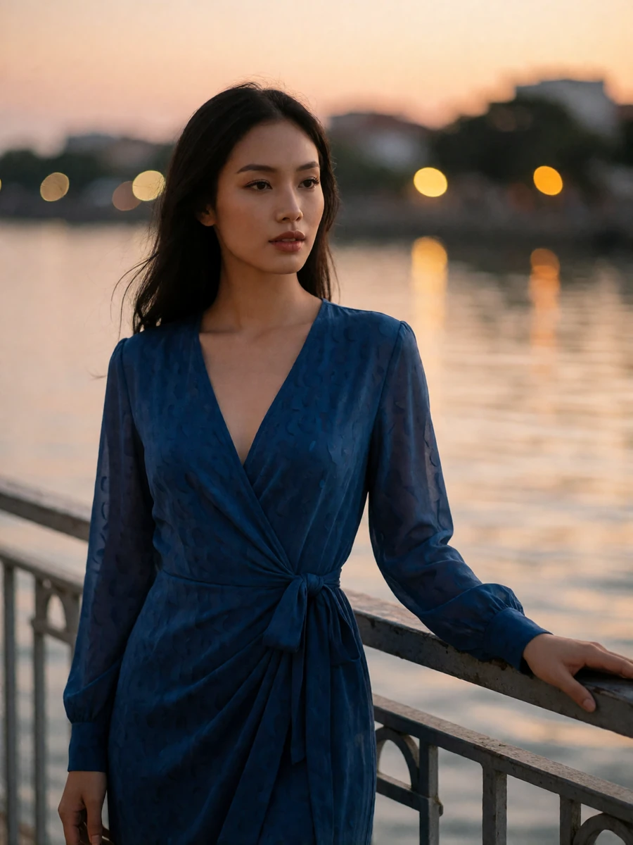 Vietnamese woman in a deep blue wrap dress standing by a riverside railing at dusk, featured member profile photo