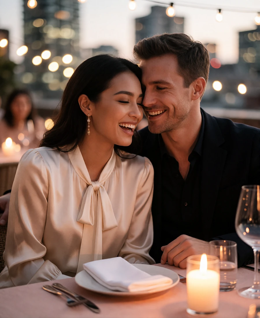 Indonesian woman in a cream blouse seated beside a Western man at a candlelit rooftop restaurant table, laughing together