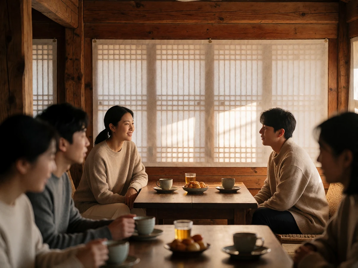 Korean woman in a beige sweater sitting across a low table from a companion inside a traditional wooden hanok cafe