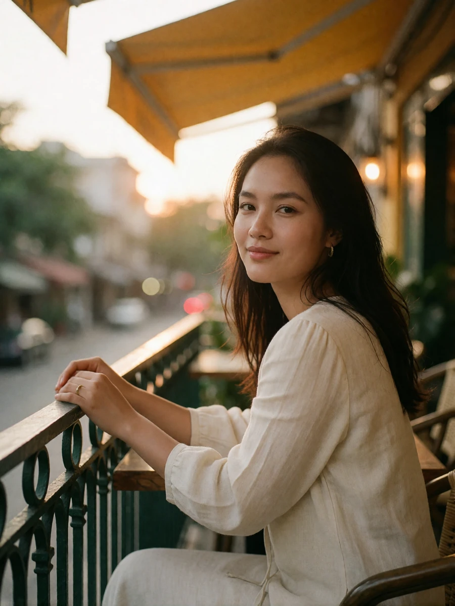 Vietnamese woman in a cream linen blouse smiling on a cafe balcony, featured Vietnamese brides profile photo