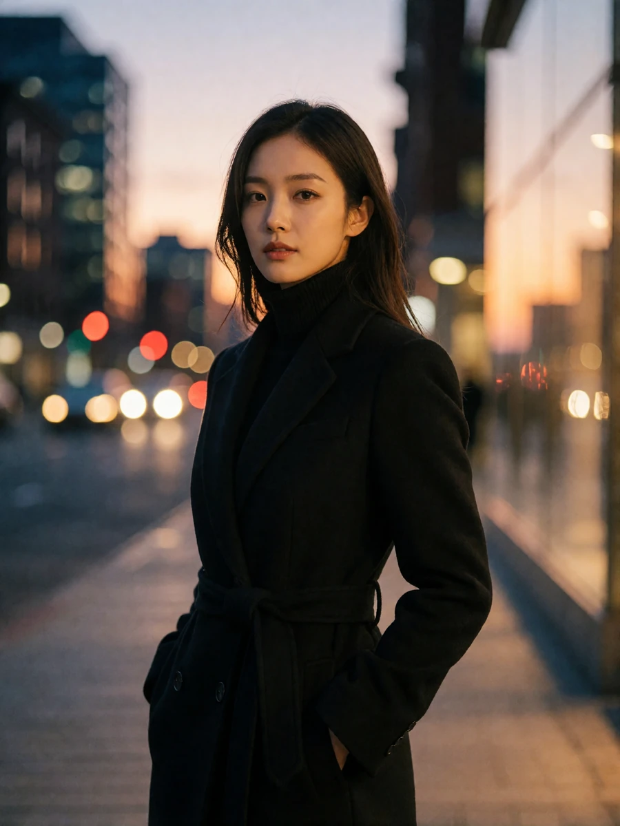 Korean woman in a tailored black coat on a city street at dusk, featured south Korean females profile photo