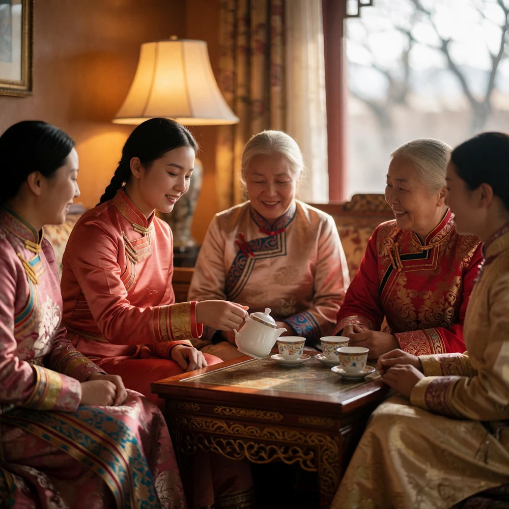 Mongolian family sharing tea indoors, a young woman in a coral silk deel pouring for an older relative