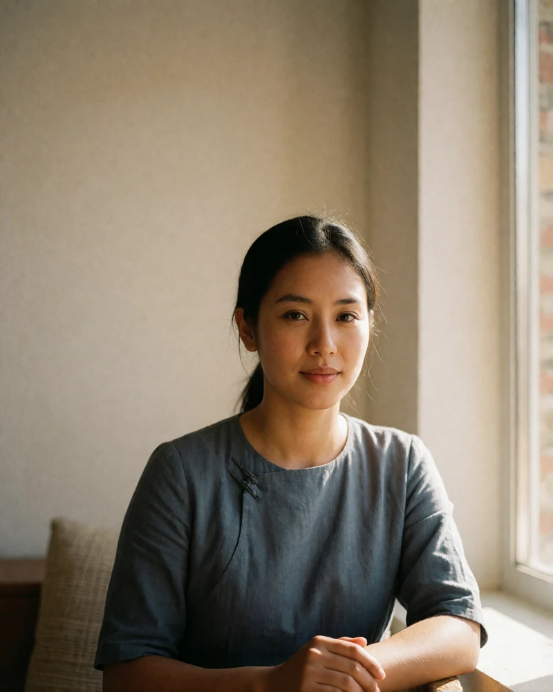 Bhutanese woman in a slate-blue blouse seated near a bright window with warm light across her face and a gentle confident expression