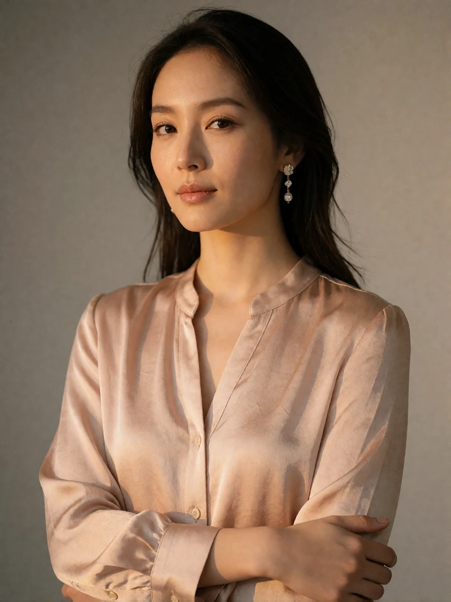 Elegant Japanese woman in a blush silk blouse in a warm studio portrait, verified member profile photo