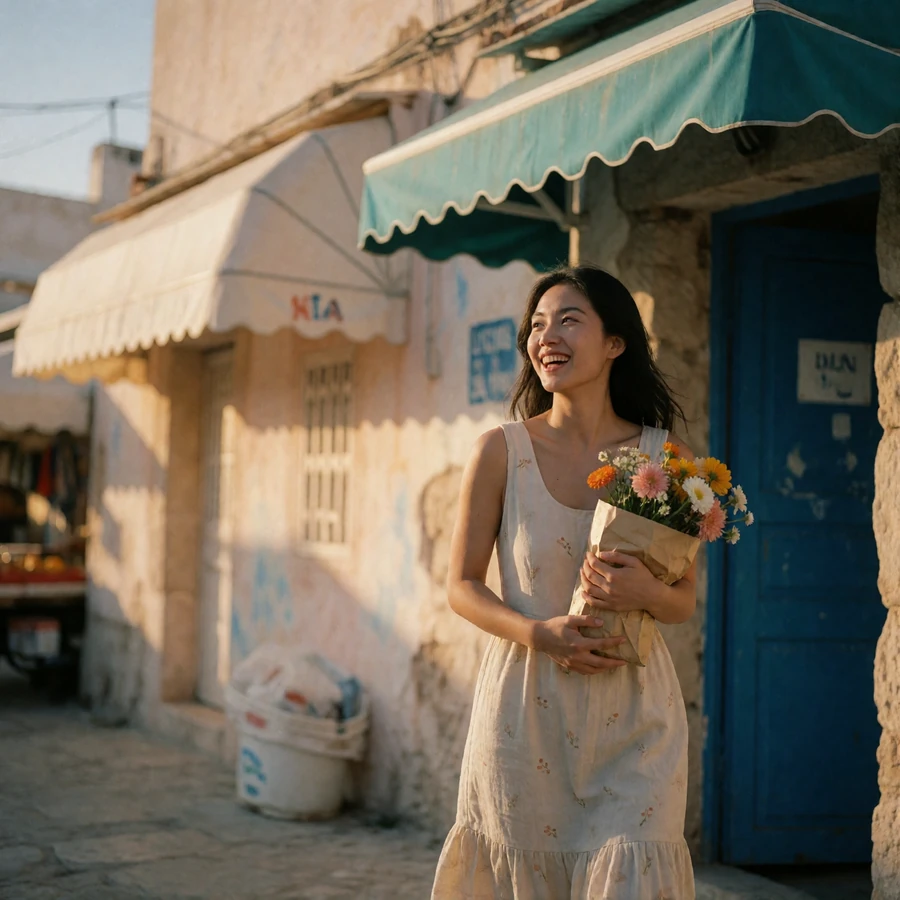 Asian woman laughing while walking through a sunlit coastal market street holding a small bundle of flowers