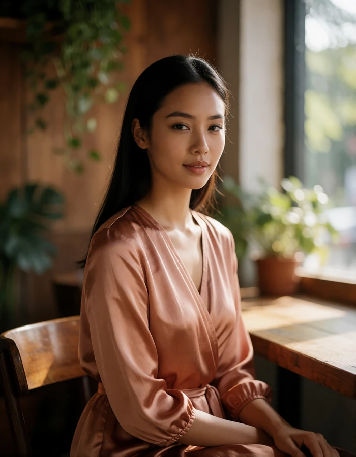Indonesian woman in a terracotta wrap dress smiling at a café table, featured Indonesian brides profile photo