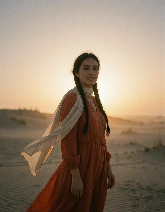 Turkmen woman with braided hair in a rust-orange dress standing on open sandy ground at dusk, profile photo
