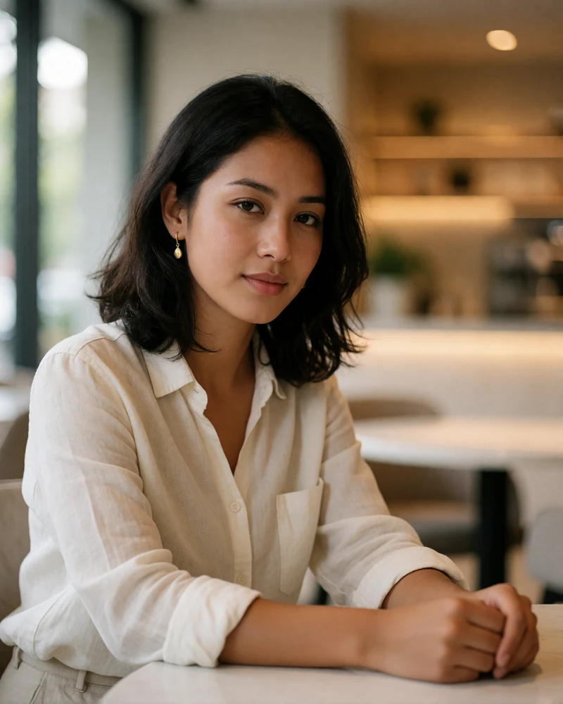 Nepalese woman in an ivory linen shirt sitting at a bright café table, featured Nepali singles profile photo