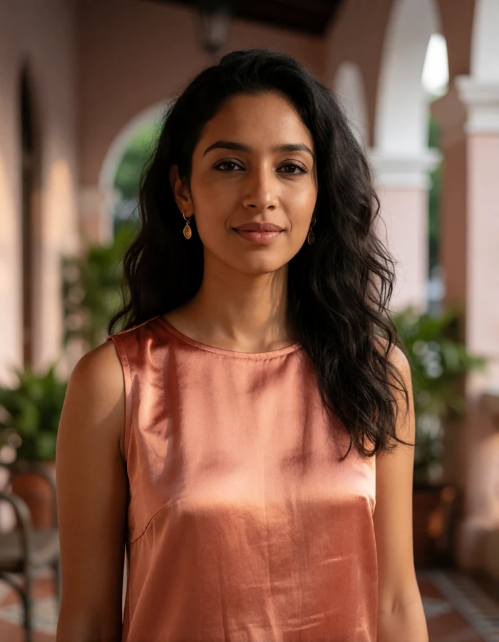 Singaporean woman of Indian heritage in a coral silk top on a shaded veranda, featured Singapore dating profile photo