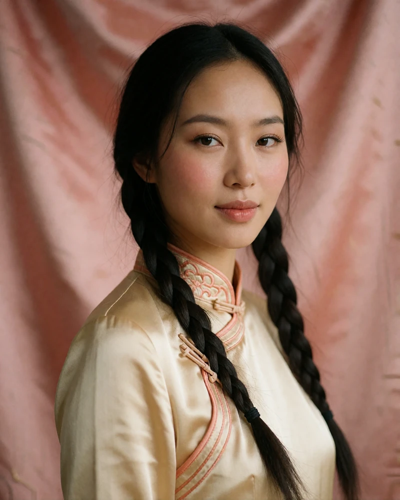 Mongolian woman with braided hair in a cream silk blouse, warm studio portrait, verified member profile photo