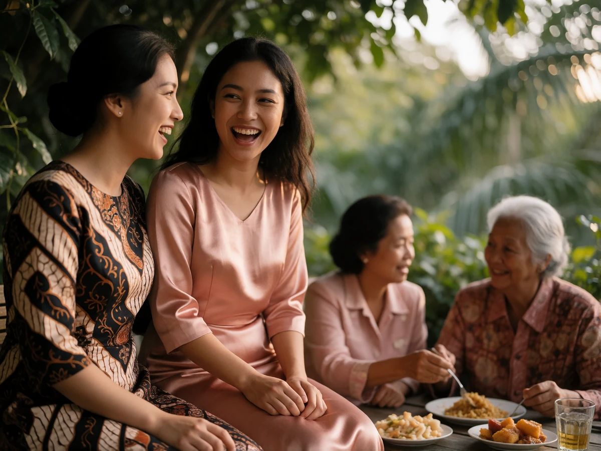 Indonesian family gathering on a shaded terrace, a young woman in a batik dress laughing beside her mother and grandmother