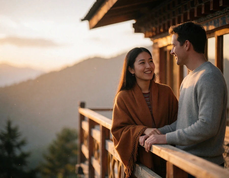 Bhutanese woman in a warm ochre wrap and Western man in a grey sweater standing together on a wooden lodge balcony at golden hour