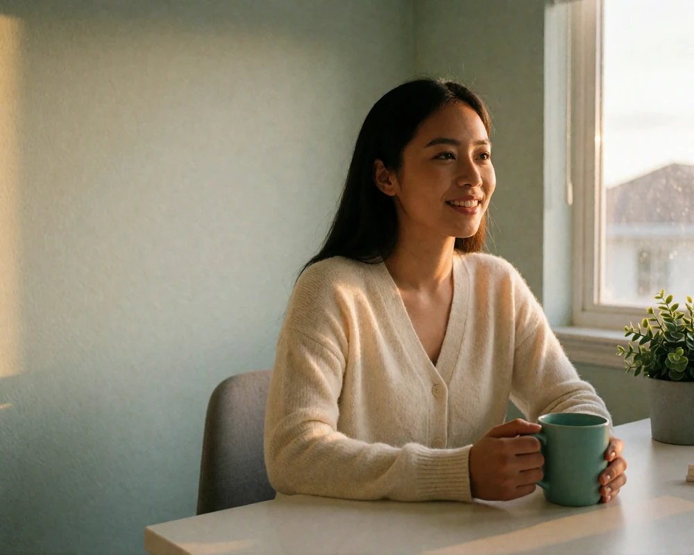 Filipina woman seated at a tidy home desk by a window, smiling warmly during an online conversation