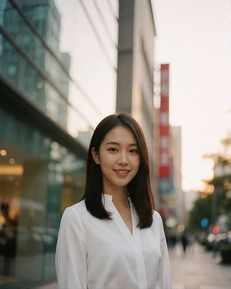 Young Taiwanese woman in a white blouse smiling on a Taipei city street with blurred glass architecture, a featured Taiwanese dating profile photo