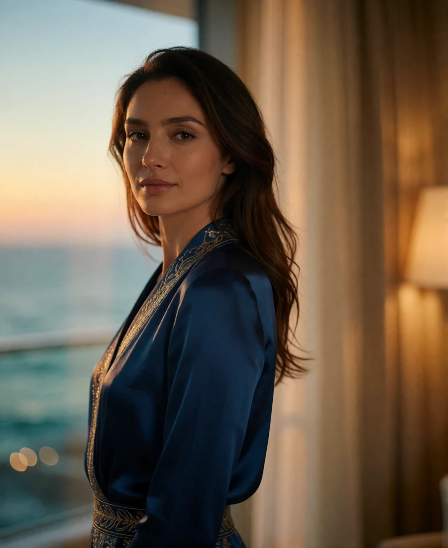 Elegant Uzbek woman in a deep blue evening blouse near a hotel window at dusk, verified member profile photo