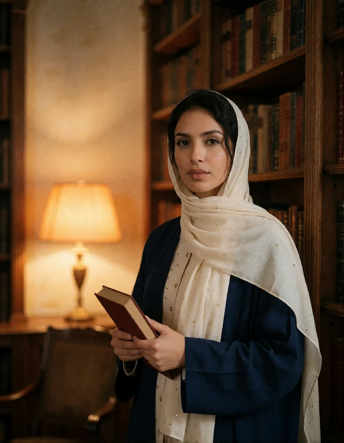 Yemeni woman in a cream headscarf and navy abaya beside tall wooden bookshelves, featured Yemeni bride profile photo