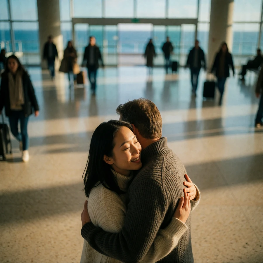 Asian woman and Western man embracing joyfully in a bright airport arrivals hall reunion