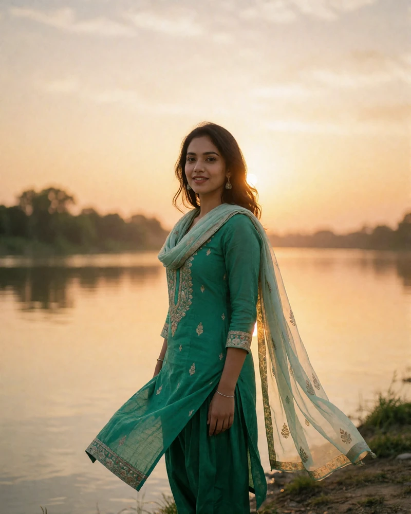 Bangladeshi woman in an emerald salwar kameez standing by a riverbank at golden hour, featured profile photo