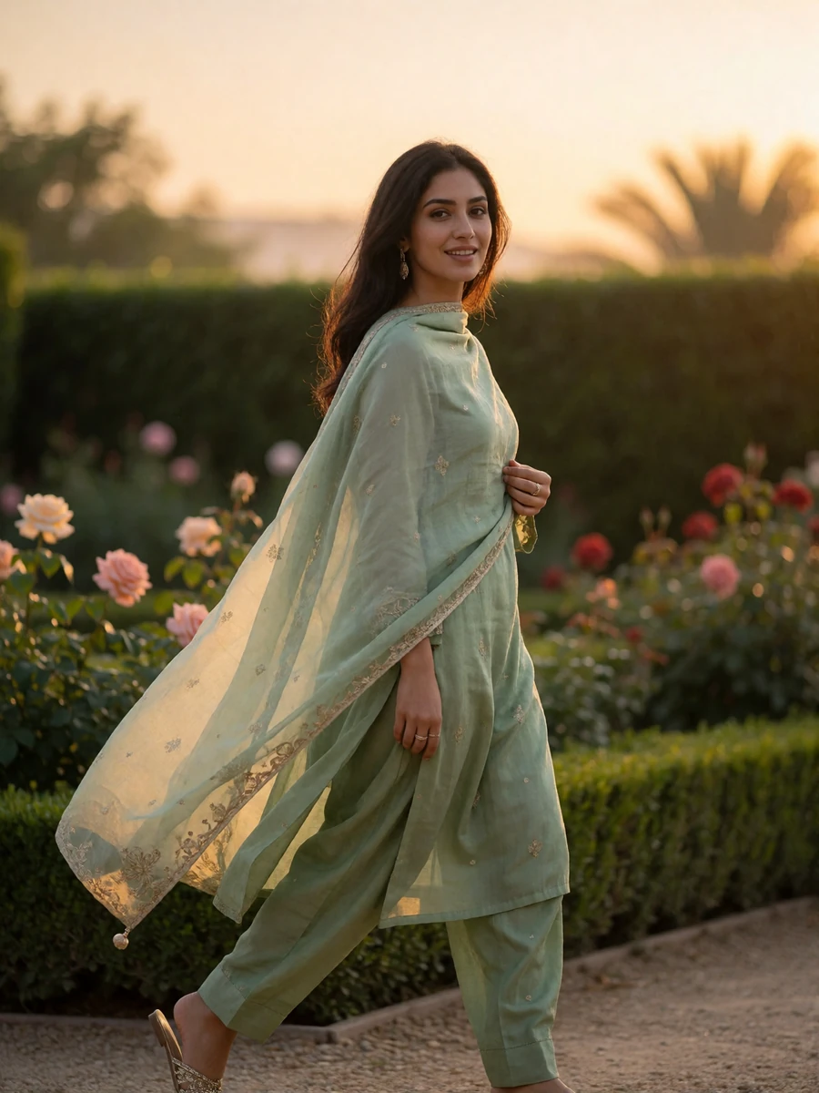 Pakistani woman in a sage-green outfit walking through a garden at golden hour, a featured Pakistani dating profile photo