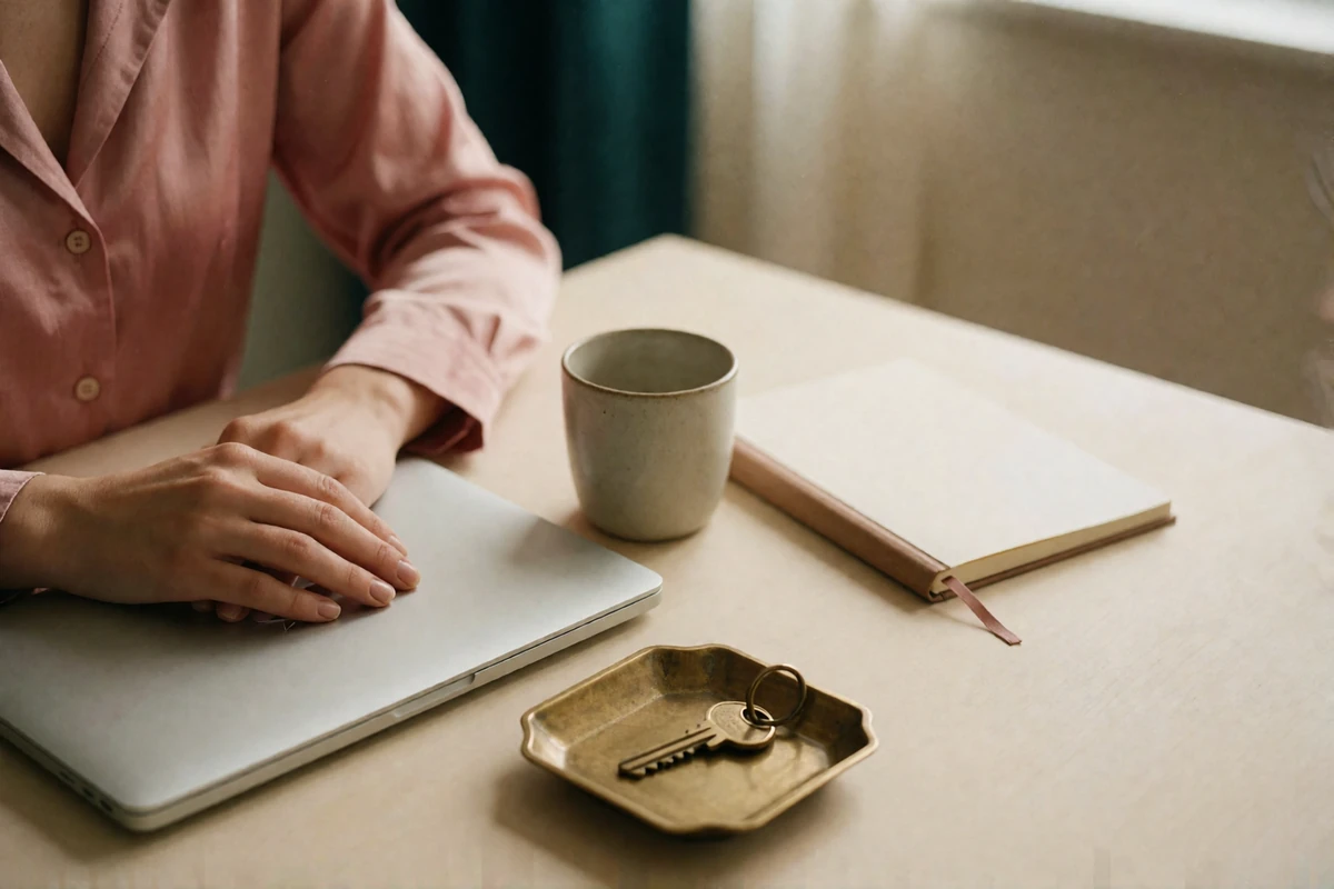 Hands resting on a closed laptop beside a ceramic cup and brass key tray in a calm, private workspace