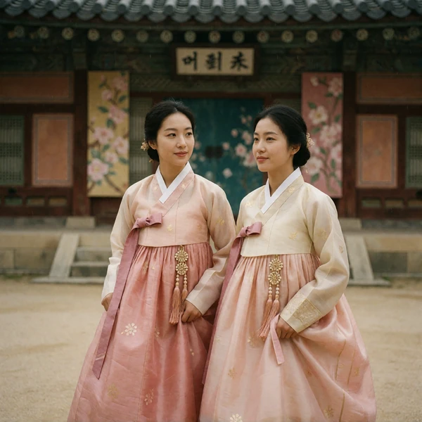 Two Korean women in pastel hanbok-inspired dresses in a palace courtyard, representing Korean dating profiles