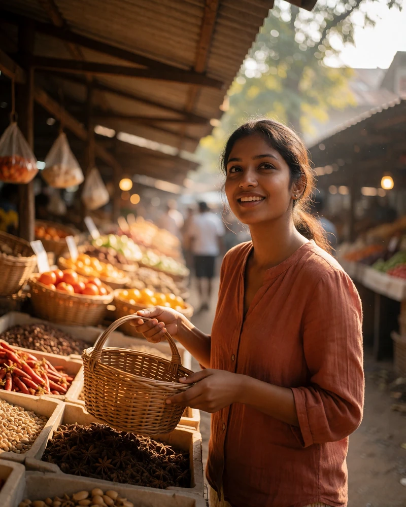 Sri Lankan woman in a terracotta blouse browsing an open-air spice market, featured Sri Lankan singles online profile photo