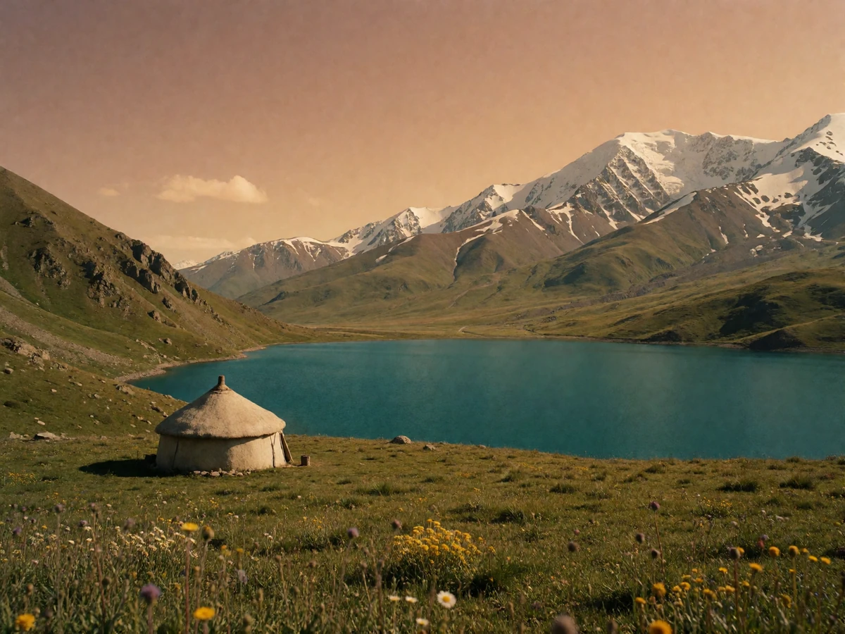 Wide scenic view of a turquoise Kyrgyz alpine lake surrounded by snow-capped peaks and green pasture at golden hour