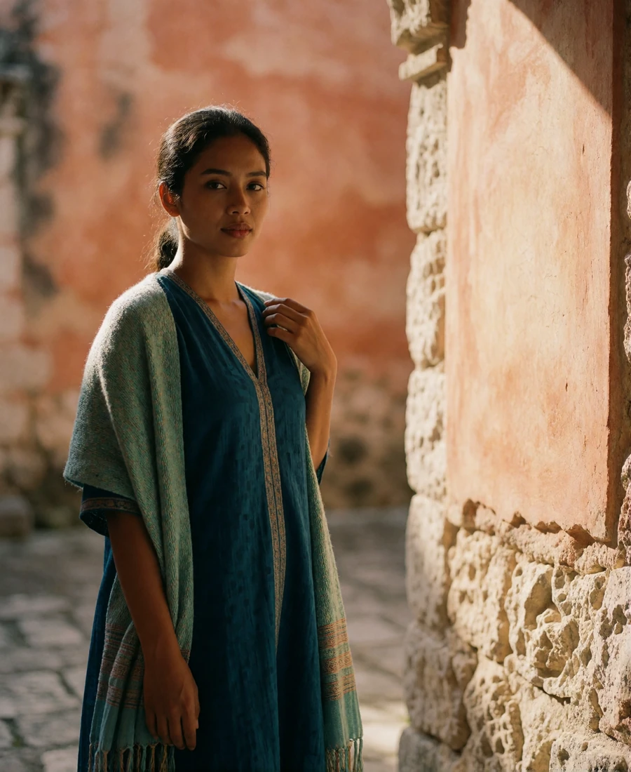 Timorese woman in a deep teal dress with woven trim standing in a sunlit stone courtyard, featured member profile photo