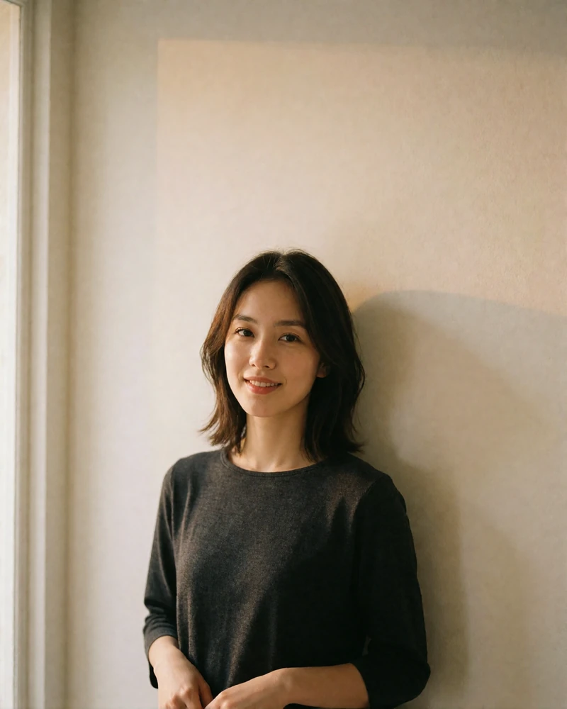 Elegant Taiwanese woman in a charcoal top in a minimal warm-toned studio interior, verified member profile photo