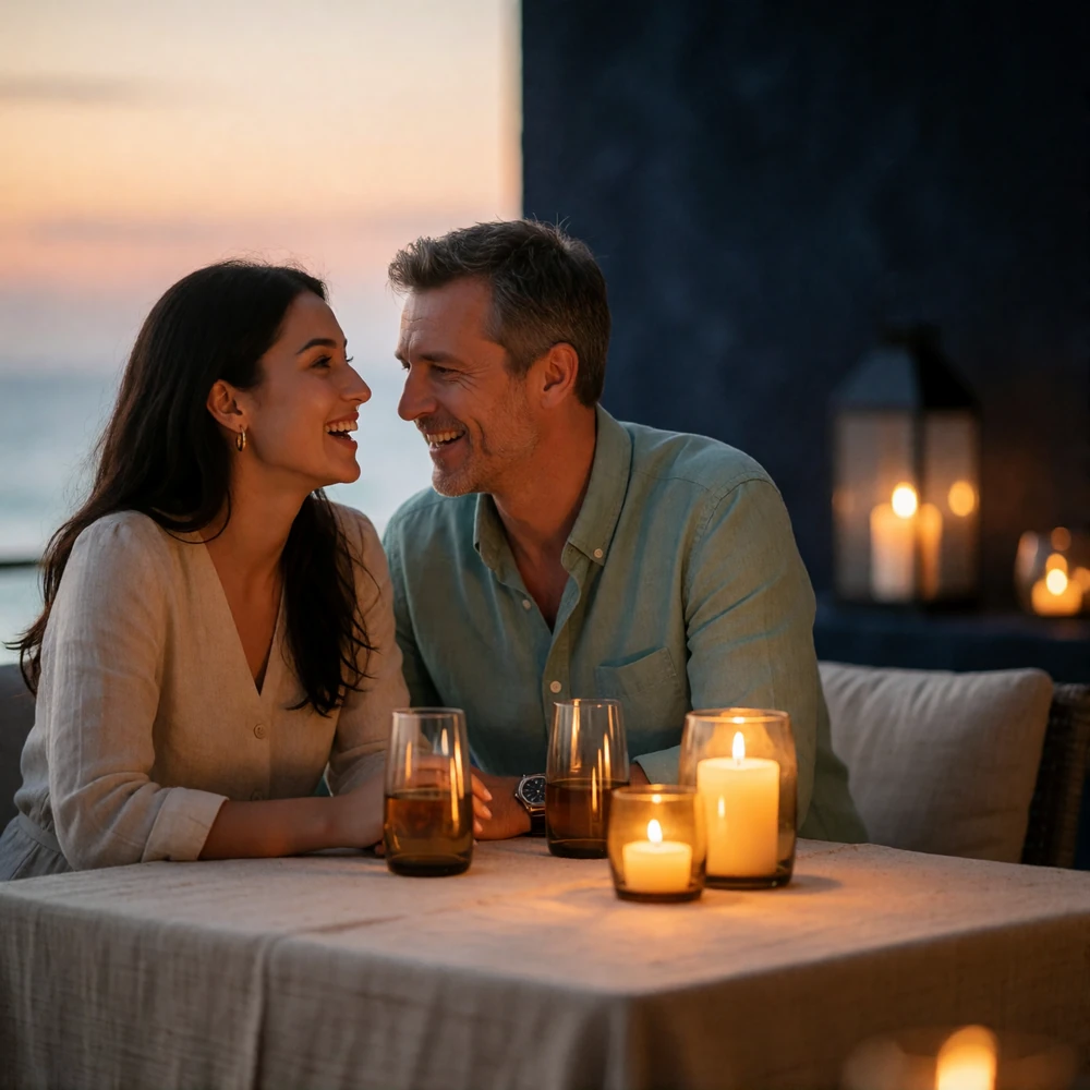 Uzbek woman and Western man laughing together at a candlelit restaurant terrace table