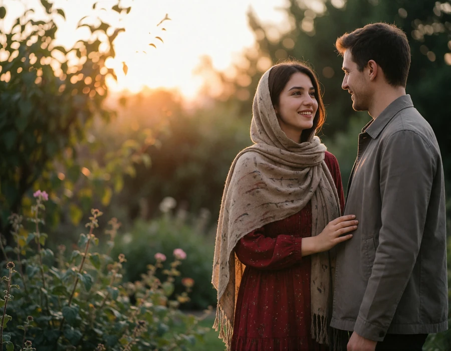 Afghan woman in a softly draped scarf and deep red dress standing with a Western man in a quiet garden at golden hour
